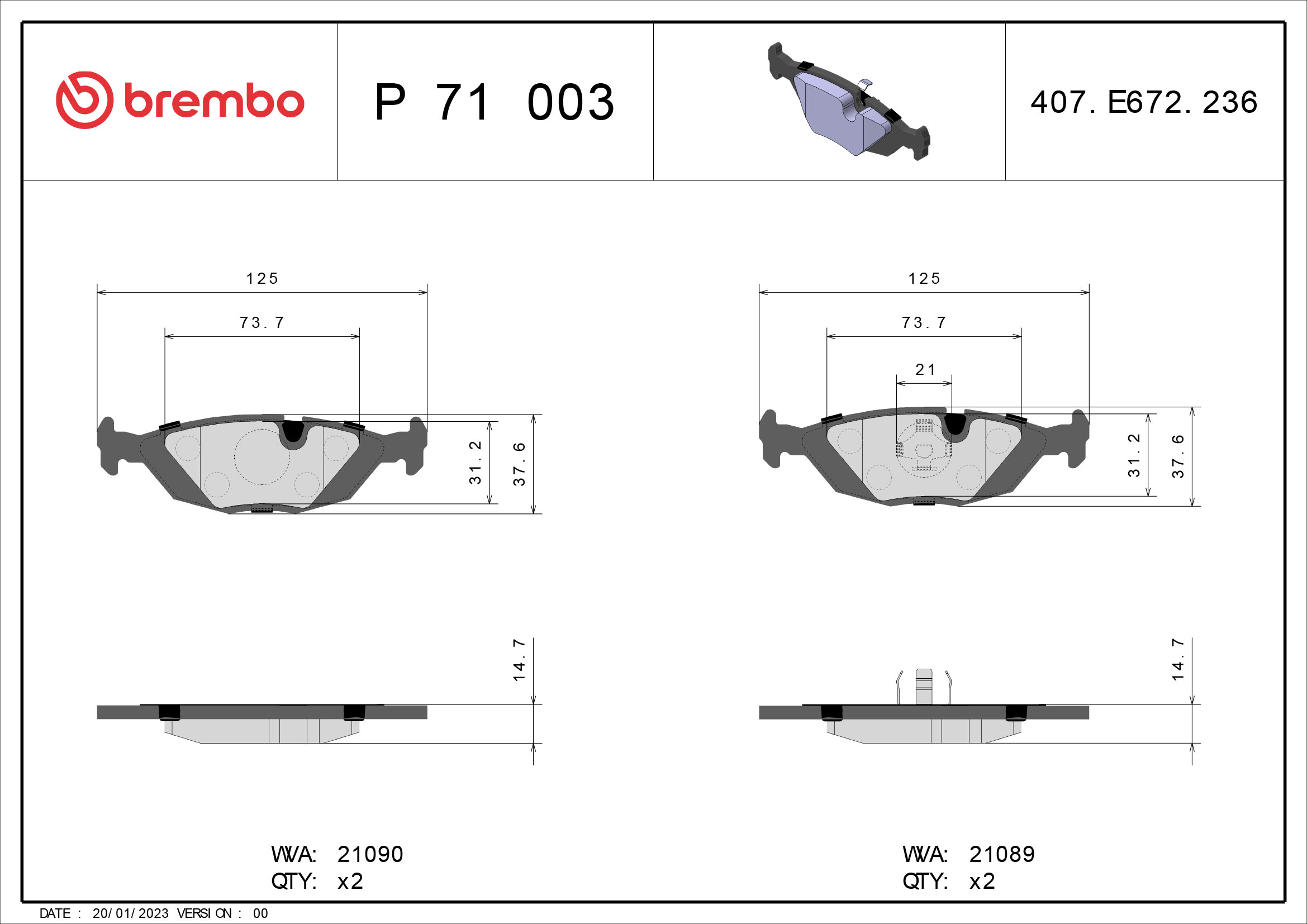 A.B.S. P 71 003 BREMBO Bremsbelagsatz, Scheibenbremse